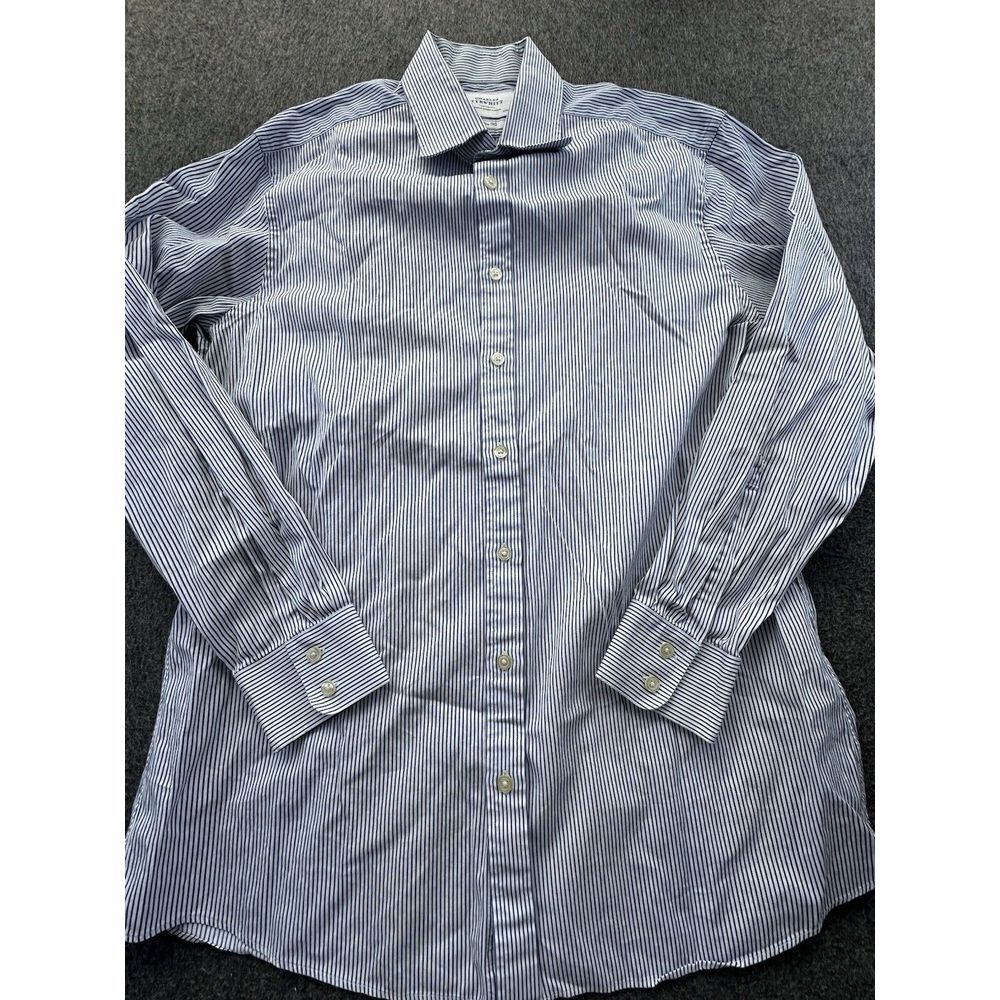 Charles Tyrwhitt Shirt Mens 17/35 White Blue Striped Button Down Slim Fit Cotton